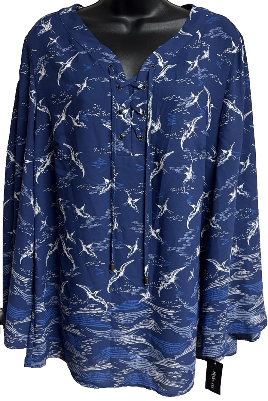 Style Co Top Blouse Size Medium M Blue Seaqull Summer Tunic Long Sleeve NWT New